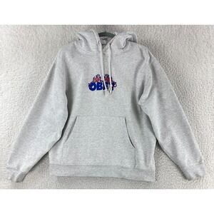 Obey Sweater Mens Medium Gray Flames Embroidered Long Sleeve VTG Knit Hoodie